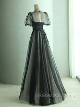 A Line Tulle Long Semi Formal Prom Dress Black Formal Evening Dress